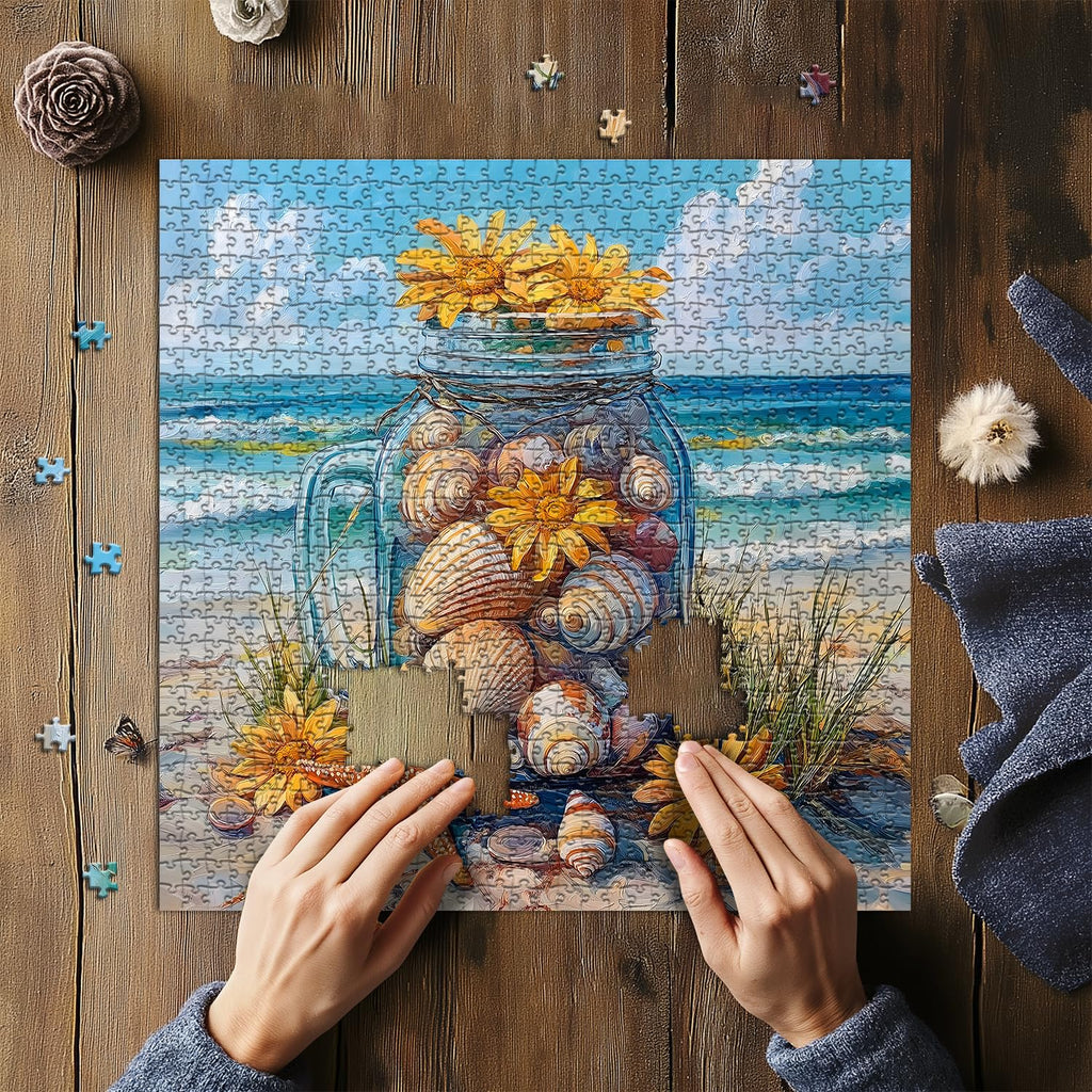 PICKFORU 1000-Piece Beach Puzzle – Seashell Jar with Sunflowers & Starfish, Coastal Summer Jigsaw for Adults