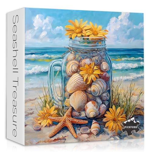 PICKFORU 1000-Piece Beach Puzzle – Seashell Jar with Sunflowers & Starfish, Coastal Summer Jigsaw for Adults