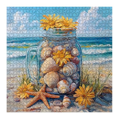 PICKFORU 1000-Piece Beach Puzzle – Seashell Jar with Sunflowers & Starfish, Coastal Summer Jigsaw for Adults