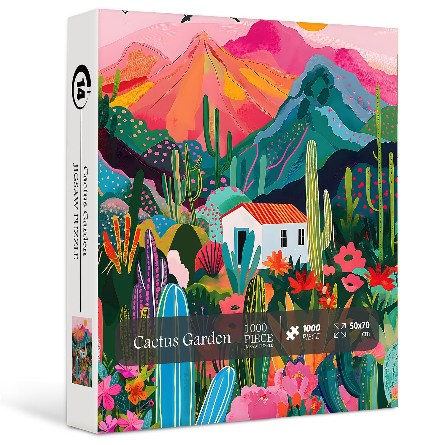 PICKFORU 1000-Piece Cactus Jigsaw Puzzle – Desert Landscape with Pink Mountains and Wildflowers for Adults