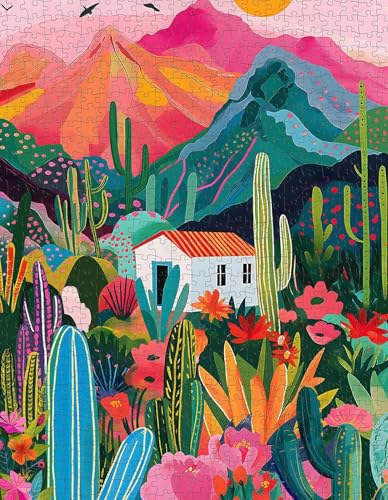 PICKFORU 1000-Piece Cactus Jigsaw Puzzle – Desert Landscape with Pink Mountains and Wildflowers for Adults