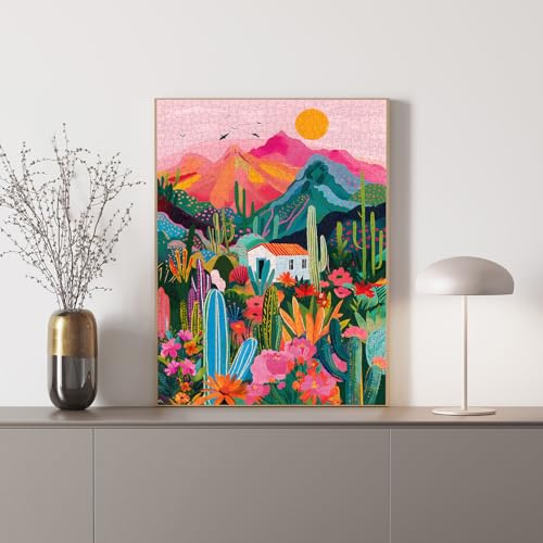 PICKFORU 1000-Piece Cactus Jigsaw Puzzle – Desert Landscape with Pink Mountains and Wildflowers for Adults