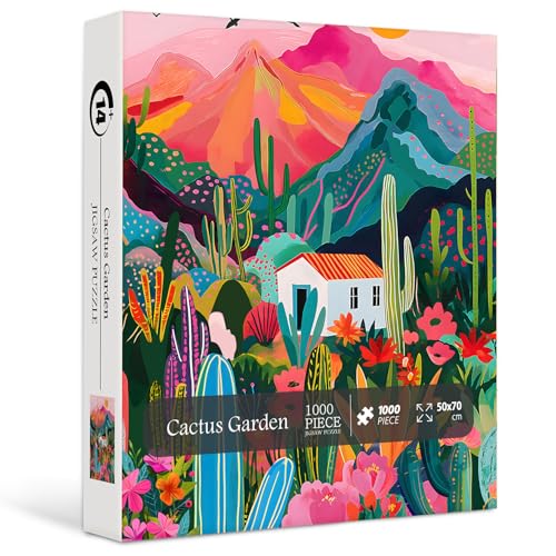 PICKFORU 1000-Piece Cactus Jigsaw Puzzle – Desert Landscape with Pink Mountains and Wildflowers for Adults