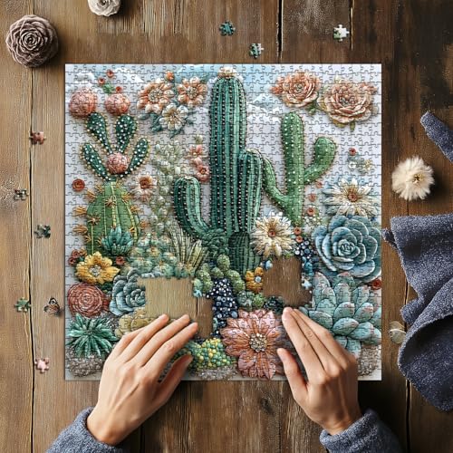 PICKFORU 1000-Piece Cactus Puzzle – Floral Embroidery-Inspired Jigsaw for Adults