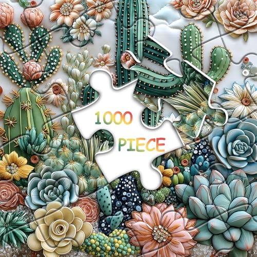 PICKFORU 1000-Piece Cactus Puzzle – Floral Embroidery-Inspired Jigsaw for Adults