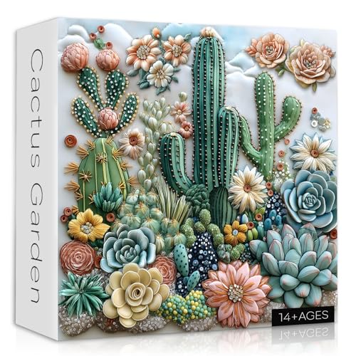 PICKFORU 1000-Piece Cactus Puzzle – Floral Embroidery-Inspired Jigsaw for Adults