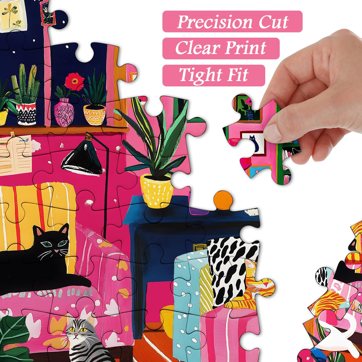 PICKFORU 1000 Piece Cat Puzzle for Adults – Colorful Kitty Plant Jigsaw, Difficult Art Puzzle for Home Decor
