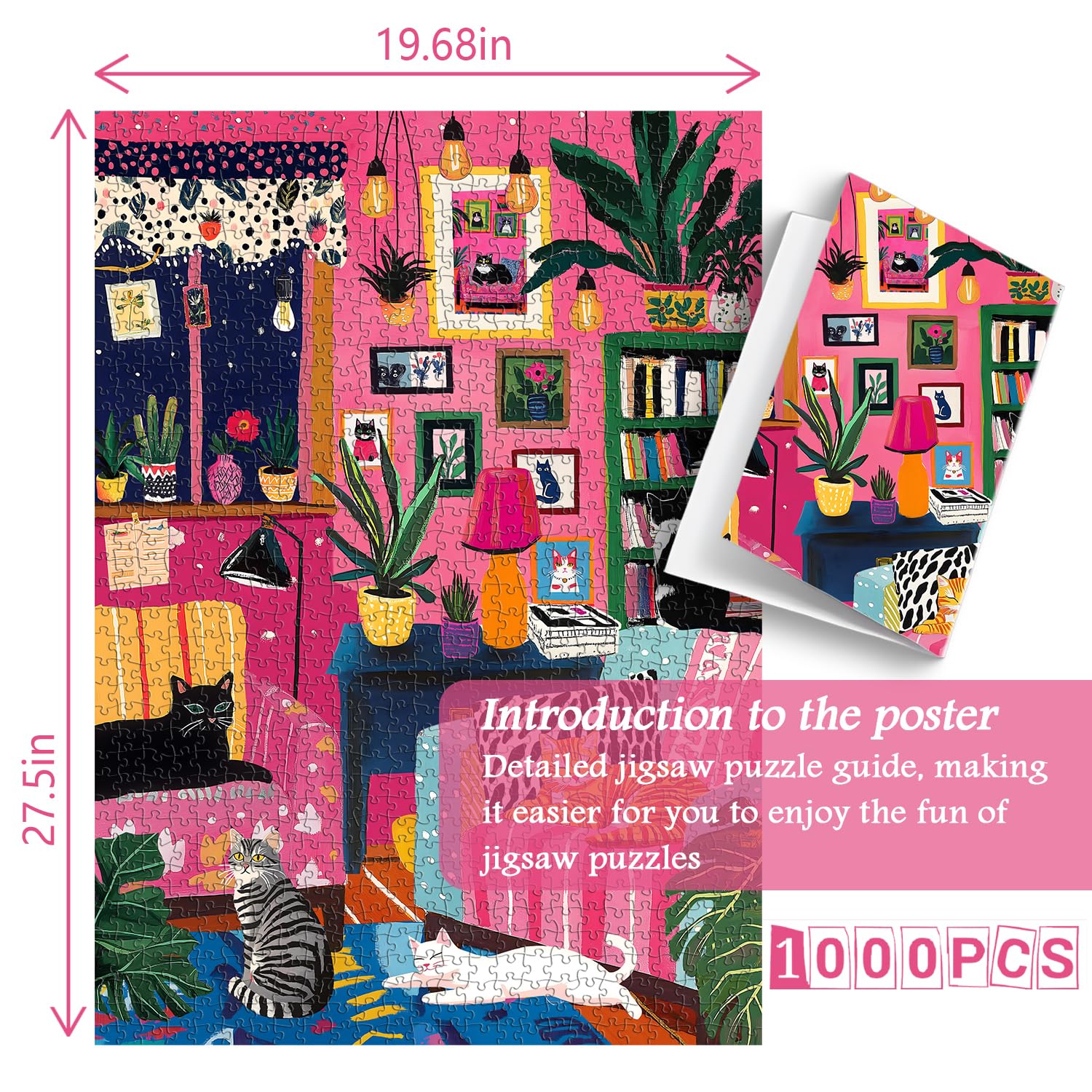 PICKFORU 1000 Piece Cat Puzzle for Adults – Colorful Kitty Plant Jigsaw, Difficult Art Puzzle for Home Decor