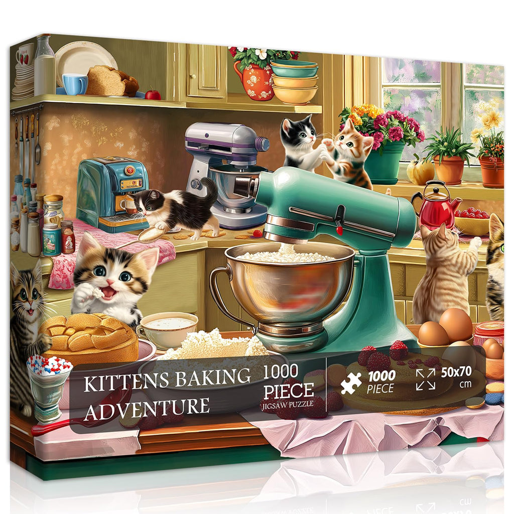 PICKFORU 1000-Piece Cat Puzzle – Kittens Baking in a Whimsical Kitchen Scene, 70x50cm, with Poster and Letter Backing