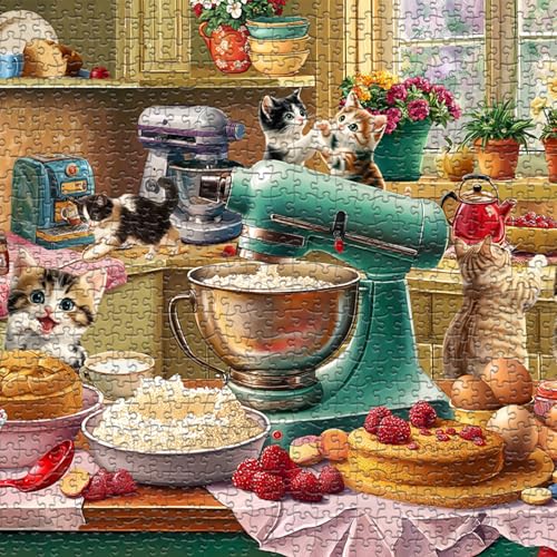 PICKFORU 1000-Piece Cat Puzzle – Kittens Baking in a Whimsical Kitchen Scene, 70x50cm, with Poster and Letter Backing