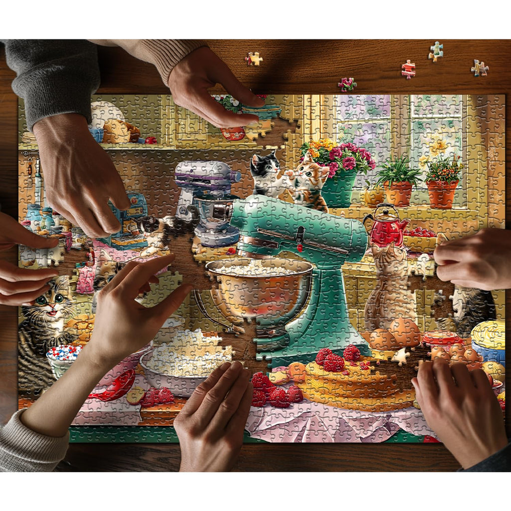 PICKFORU 1000-Piece Cat Puzzle – Kittens Baking in a Whimsical Kitchen Scene, 70x50cm, with Poster and Letter Backing