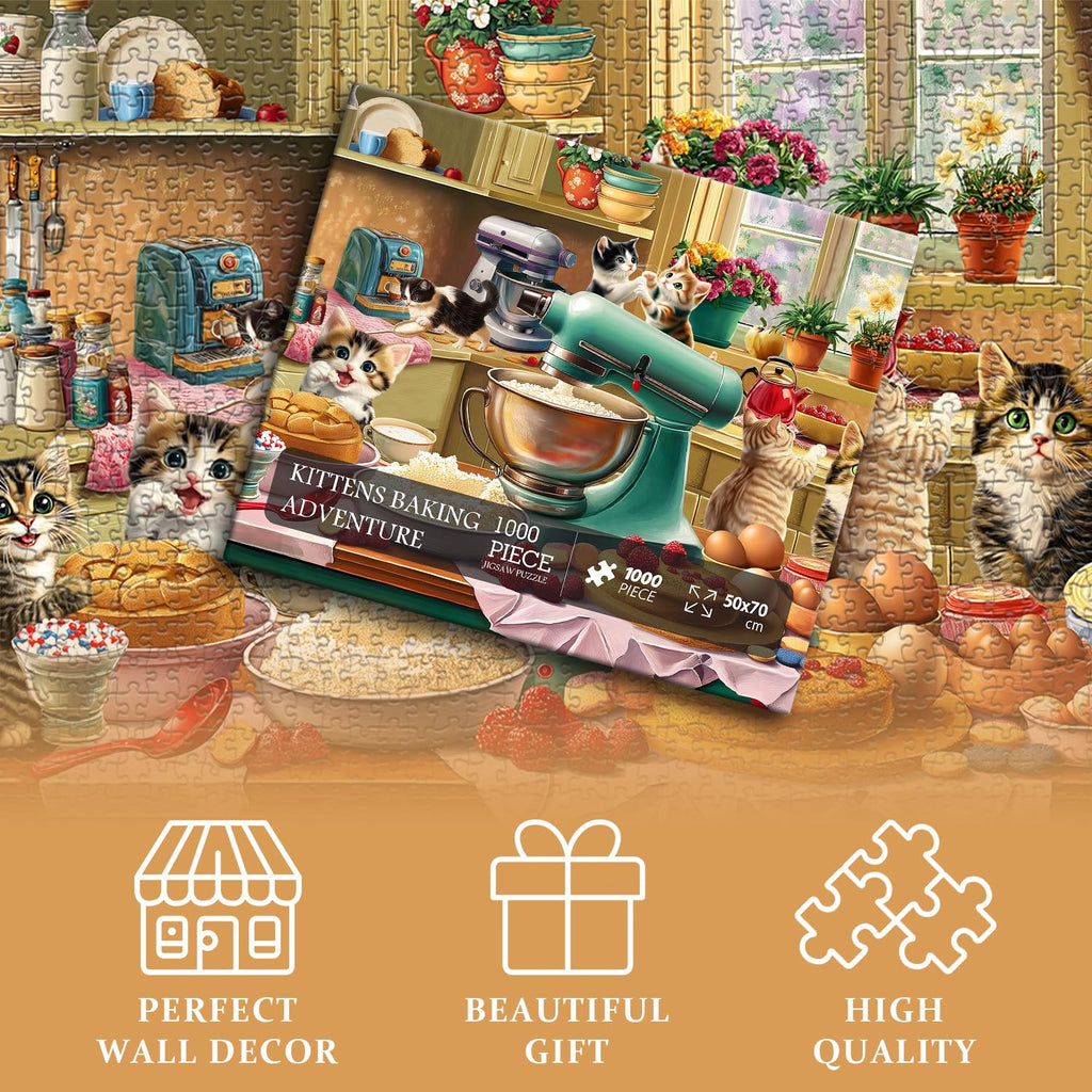 PICKFORU 1000-Piece Cat Puzzle – Kittens Baking in a Whimsical Kitchen Scene, 70x50cm, with Poster and Letter Backing