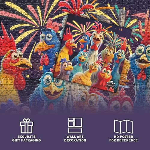 PICKFORU 1000 Piece Chicken Jigsaw Puzzle – Happy Rooster Art, Thick Cardboard, Finished 23.9x23.9 Inches