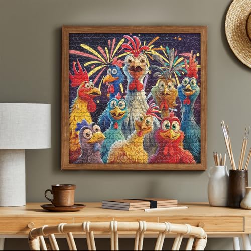 PICKFORU 1000 Piece Chicken Jigsaw Puzzle – Happy Rooster Art, Thick Cardboard, Finished 23.9x23.9 Inches