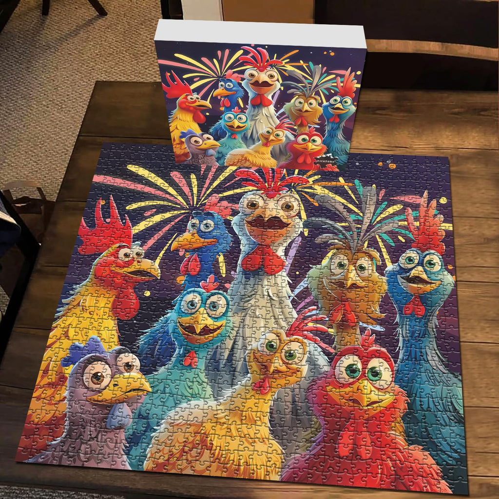 PICKFORU 1000 Piece Chicken Jigsaw Puzzle – Happy Rooster Art, Thick Cardboard, Finished 23.9x23.9 Inches