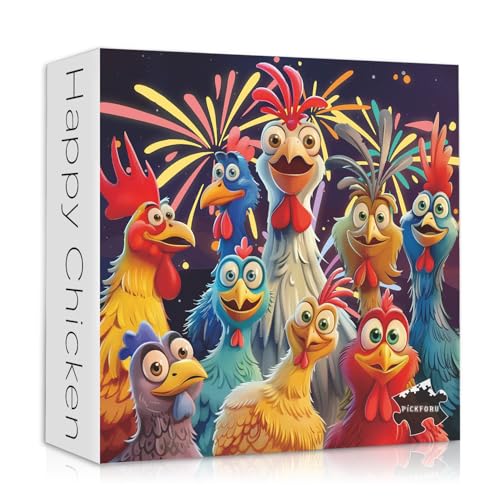 PICKFORU 1000 Piece Chicken Jigsaw Puzzle – Happy Rooster Art, Thick Cardboard, Finished 23.9x23.9 Inches