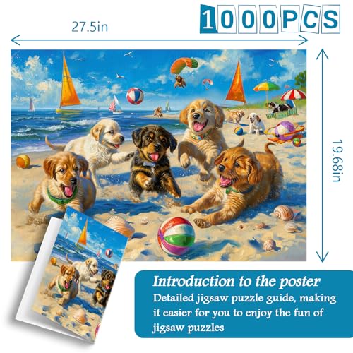 PICKFORU 1000 Piece Funny Dog Puzzle – Beach Scene Cute Puppy Jigsaw for Adults, 27.5x19.7 Inches