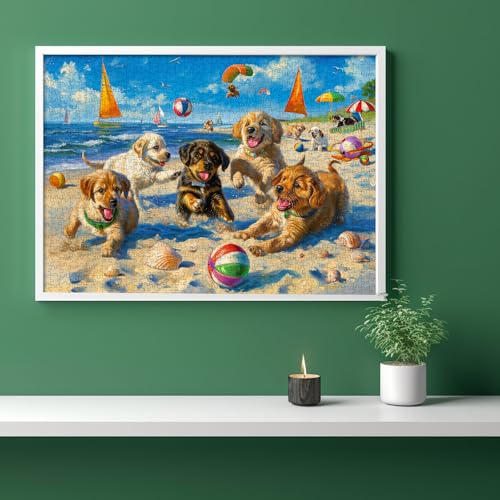 PICKFORU 1000 Piece Funny Dog Puzzle – Beach Scene Cute Puppy Jigsaw for Adults, 27.5x19.7 Inches