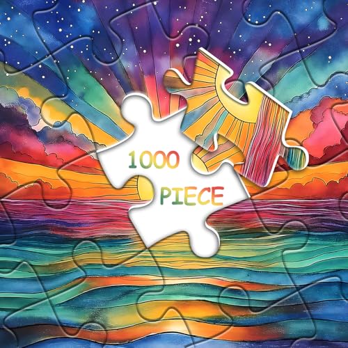 PICKFORU 1000 Piece Impossible Puzzle: Ocean Sunset with Rainbow Gradient - Challenging Jigsaw for Adults