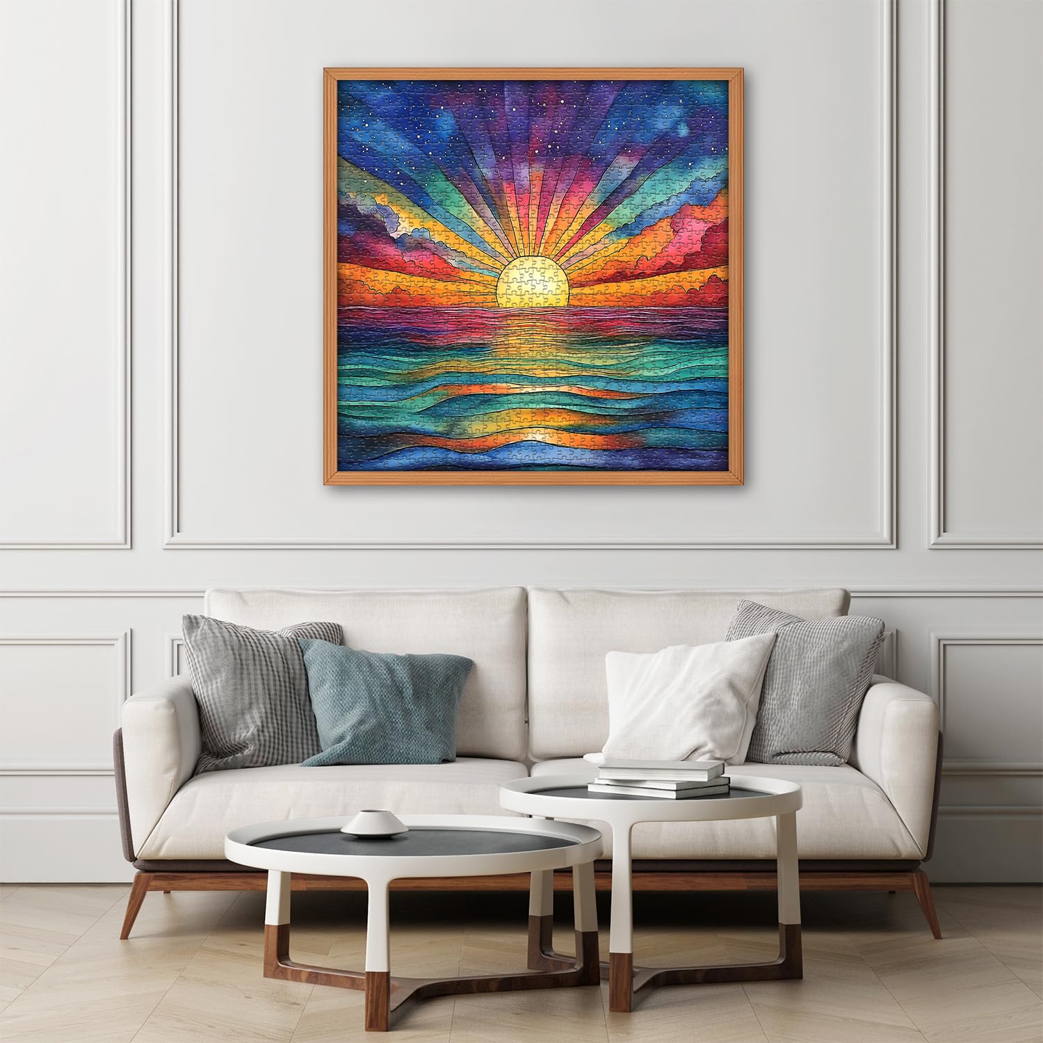 PICKFORU 1000 Piece Impossible Puzzle: Ocean Sunset with Rainbow Gradient - Challenging Jigsaw for Adults