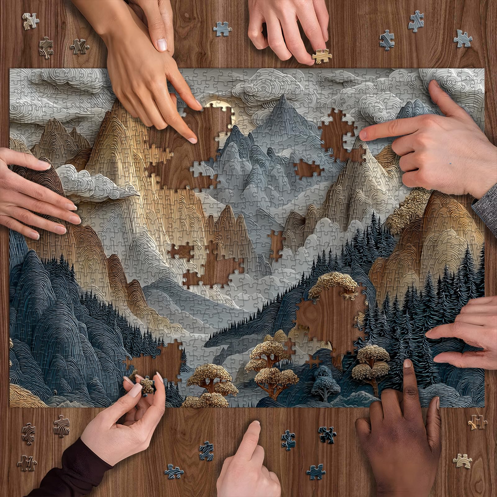 PICKFORU 1000 Piece Mountain Jigsaw Puzzle: Stylized Nature Landscape with Moonlit Peaks – Hard Challenge for Adults