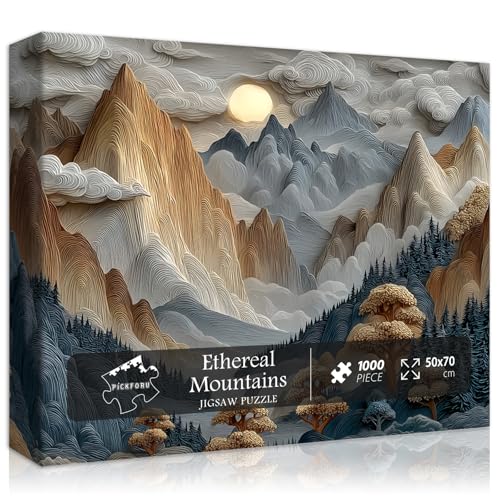 PICKFORU 1000 Piece Mountain Jigsaw Puzzle: Stylized Nature Landscape with Moonlit Peaks – Hard Challenge for Adults