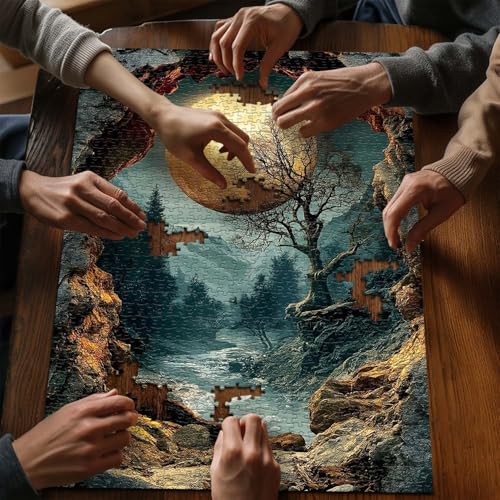 PICKFORU 1000-Piece Nature Puzzle – Fantasy Forest with Moon, Mountains & Trees – Scenic Jigsaw for Adults