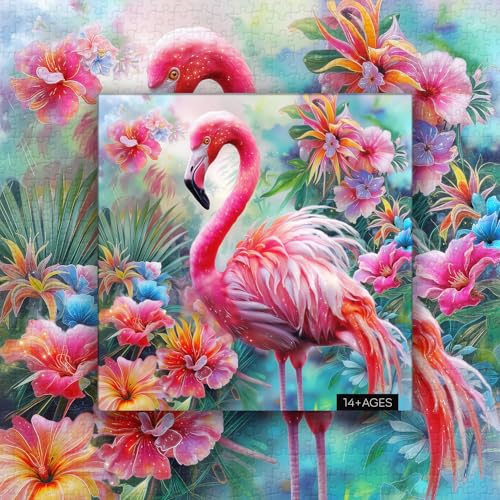 PICKFORU 1000-Piece Pink Flamingo Jigsaw Puzzle – Colorful Spring Garden Flowers