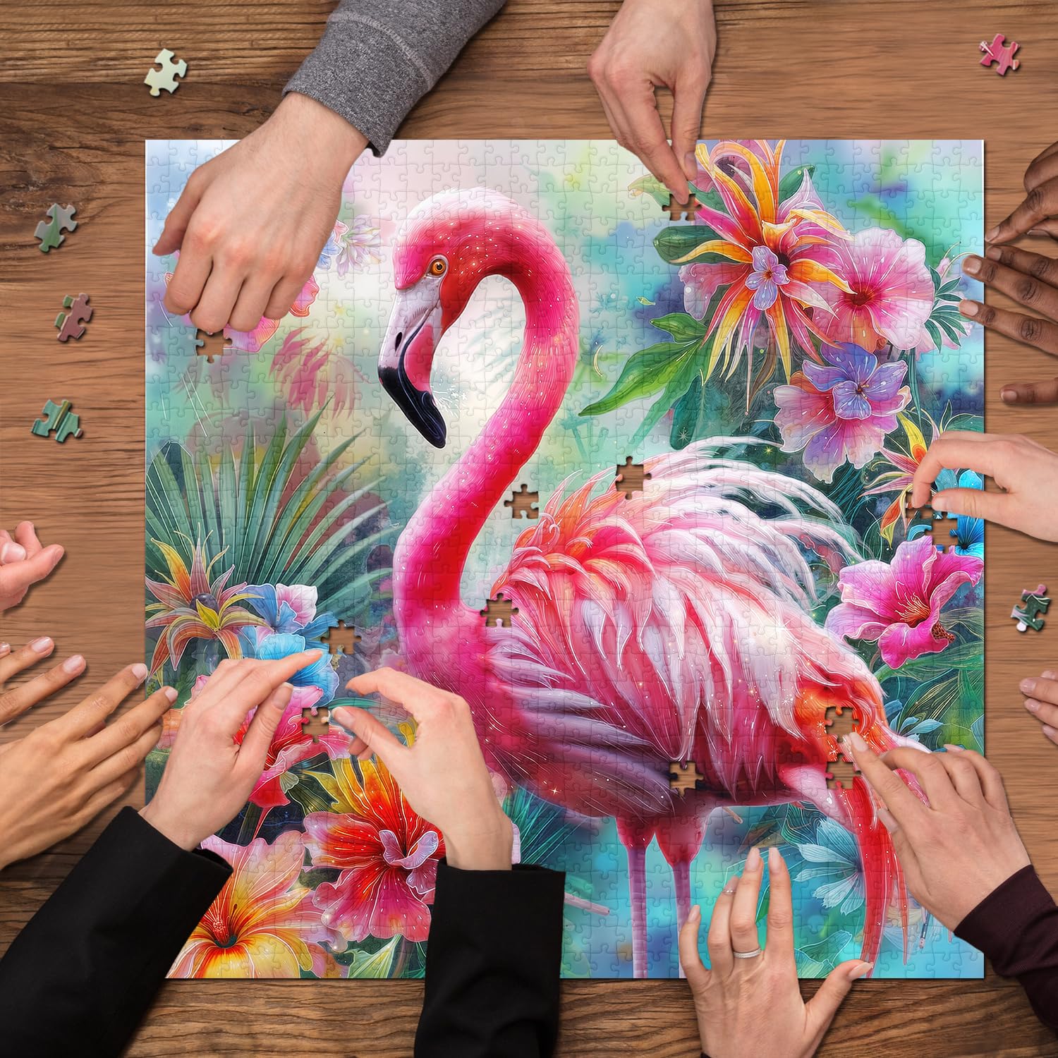 PICKFORU 1000-Piece Pink Flamingo Jigsaw Puzzle – Colorful Spring Garden Flowers