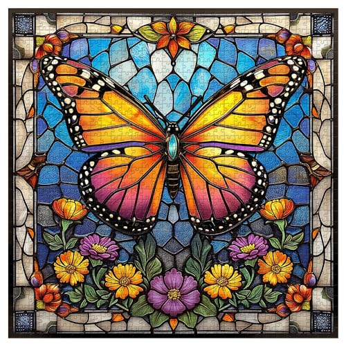 PICKFORU 1000 Piece Stained Glass Butterfly Puzzle – Colorful Wall Art for Adults