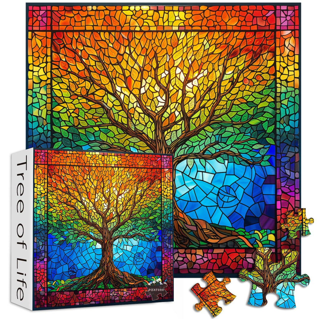 PICKFORU 1000 Piece Stained Glass Tree of Life Puzzle – Rainbow Mosaic Jigsaw for Adults