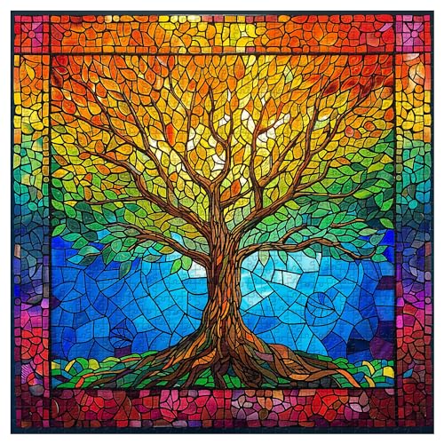 PICKFORU 1000 Piece Stained Glass Tree of Life Puzzle – Rainbow Mosaic Jigsaw for Adults