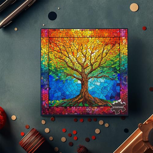 PICKFORU 1000 Piece Stained Glass Tree of Life Puzzle – Rainbow Mosaic Jigsaw for Adults
