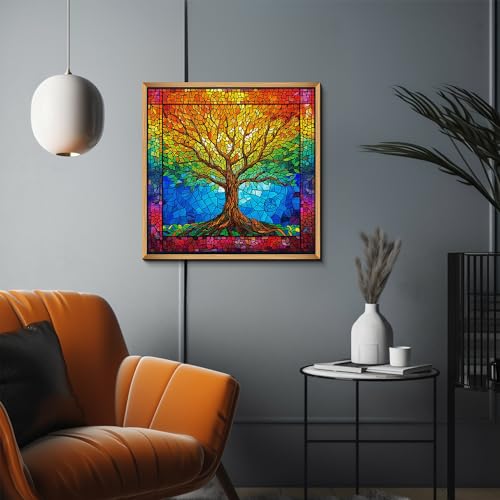 PICKFORU 1000 Piece Stained Glass Tree of Life Puzzle – Rainbow Mosaic Jigsaw for Adults