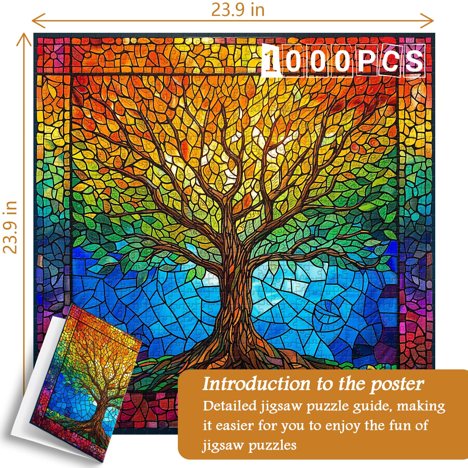 PICKFORU 1000 Piece Stained Glass Tree of Life Puzzle – Rainbow Mosaic Jigsaw for Adults