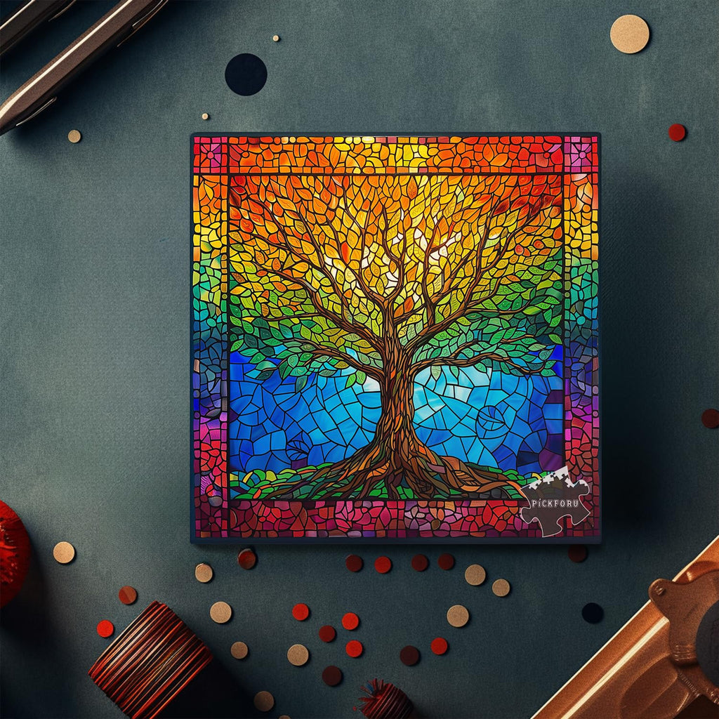 PICKFORU 1000 Piece Stained Glass Tree of Life Puzzle – Rainbow Mosaic Jigsaw for Adults