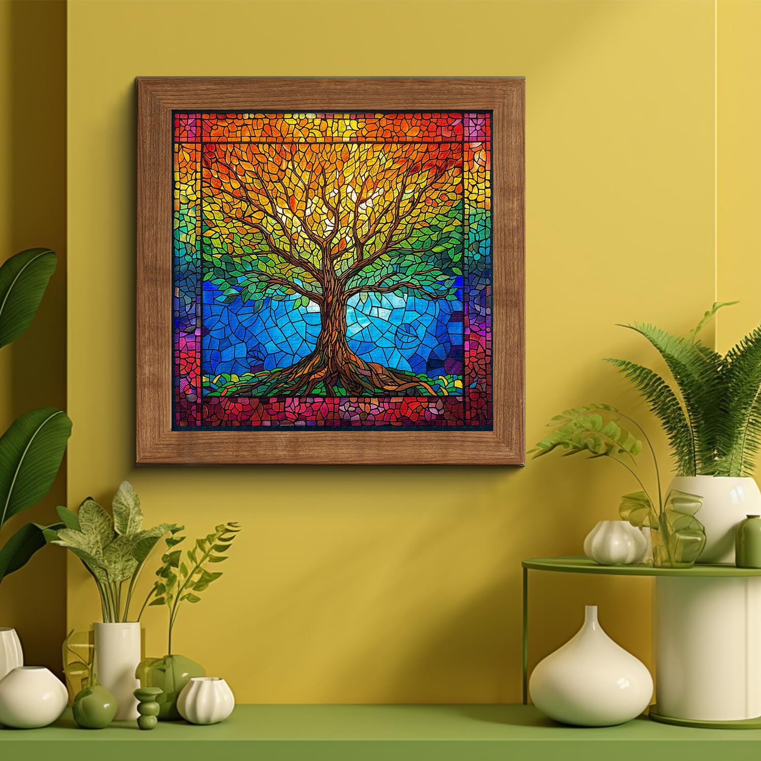 PICKFORU 1000 Piece Stained Glass Tree of Life Puzzle – Rainbow Mosaic Jigsaw for Adults