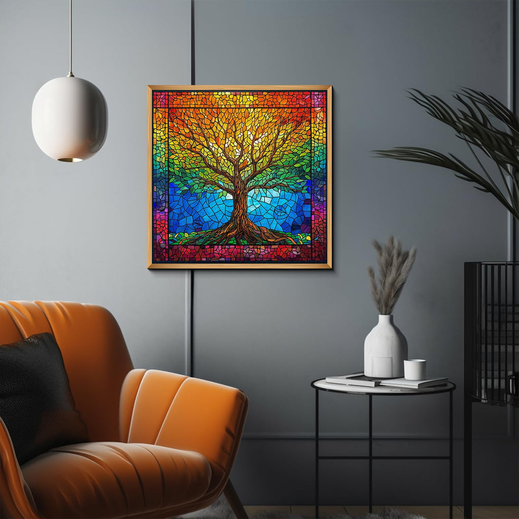 PICKFORU 1000 Piece Stained Glass Tree of Life Puzzle – Rainbow Mosaic Jigsaw for Adults