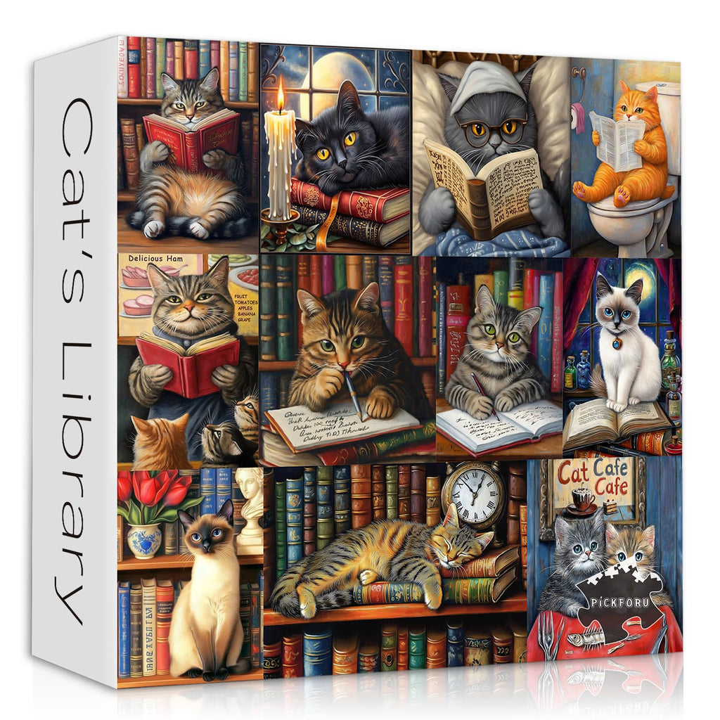 PICKFORU 1000-Piece Vintage Cat Library Jigsaw Puzzle for Adults – Retro Book Kitten Scene, 23.85 x 23.85 Inches