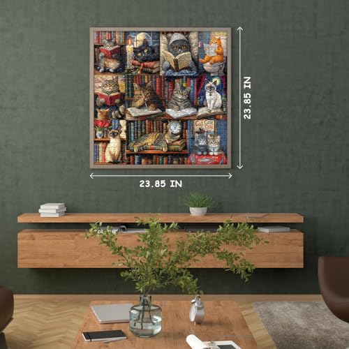 PICKFORU 1000-Piece Vintage Cat Library Jigsaw Puzzle for Adults – Retro Book Kitten Scene, 23.85 x 23.85 Inches