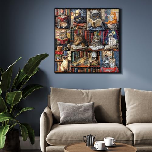 PICKFORU 1000-Piece Vintage Cat Library Jigsaw Puzzle for Adults – Retro Book Kitten Scene, 23.85 x 23.85 Inches