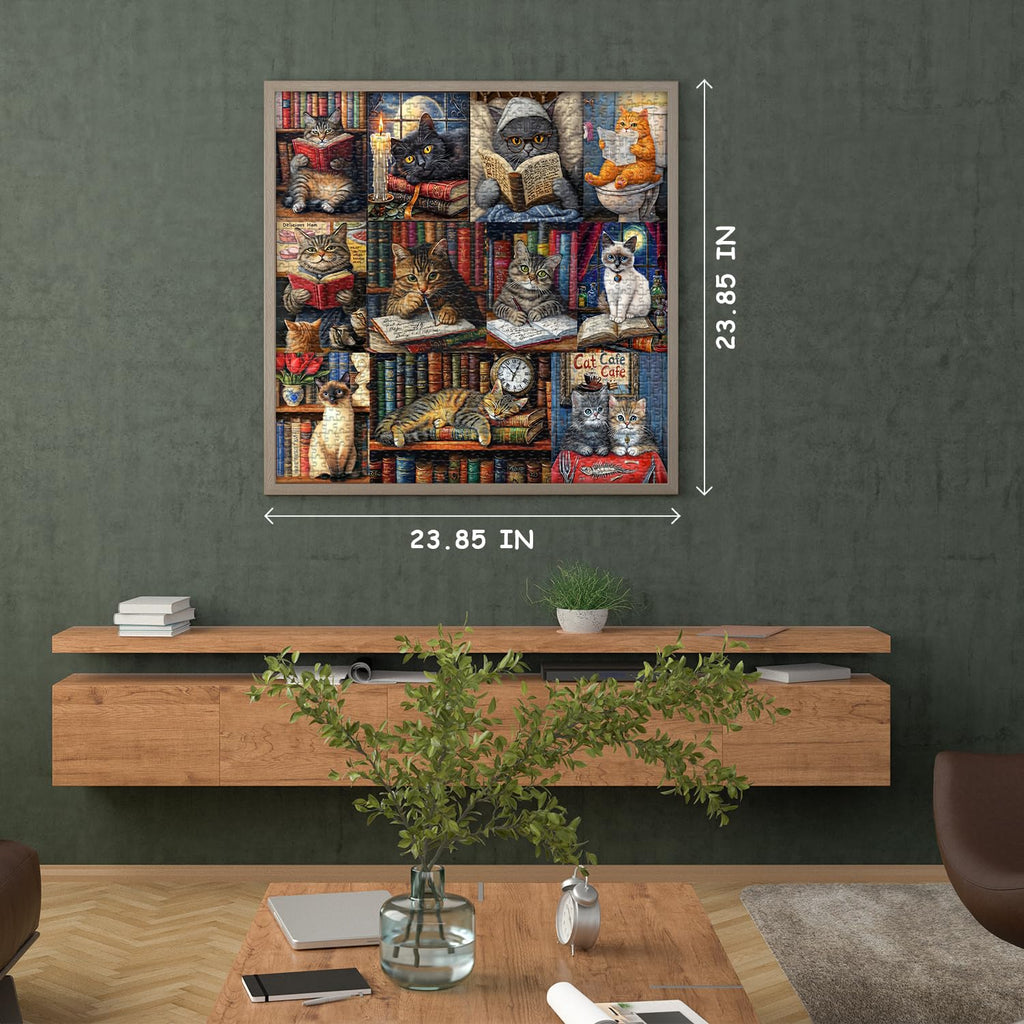 PICKFORU 1000-Piece Vintage Cat Library Jigsaw Puzzle for Adults – Retro Book Kitten Scene, 23.85 x 23.85 Inches