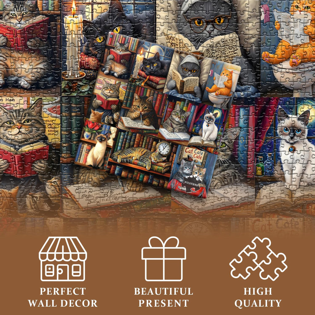PICKFORU 1000-Piece Vintage Cat Library Jigsaw Puzzle for Adults – Retro Book Kitten Scene, 23.85 x 23.85 Inches
