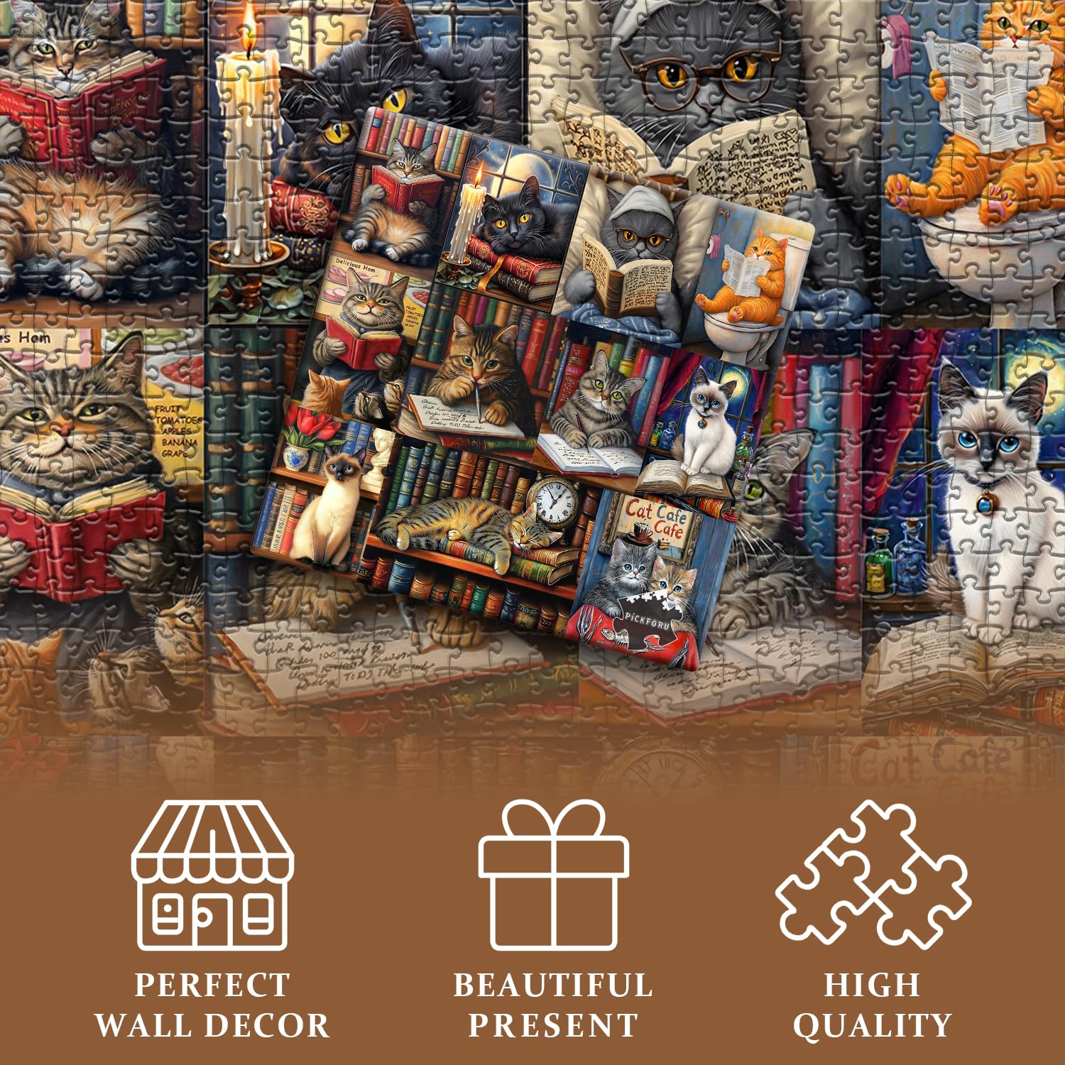 PICKFORU 1000-Piece Vintage Cat Library Jigsaw Puzzle for Adults – Retro Book Kitten Scene, 23.85 x 23.85 Inches