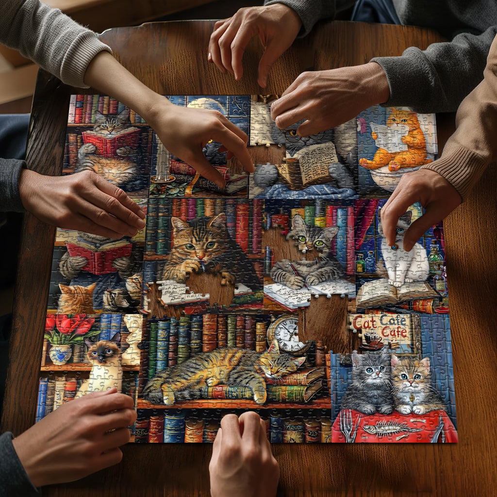 PICKFORU 1000-Piece Vintage Cat Library Jigsaw Puzzle for Adults – Retro Book Kitten Scene, 23.85 x 23.85 Inches