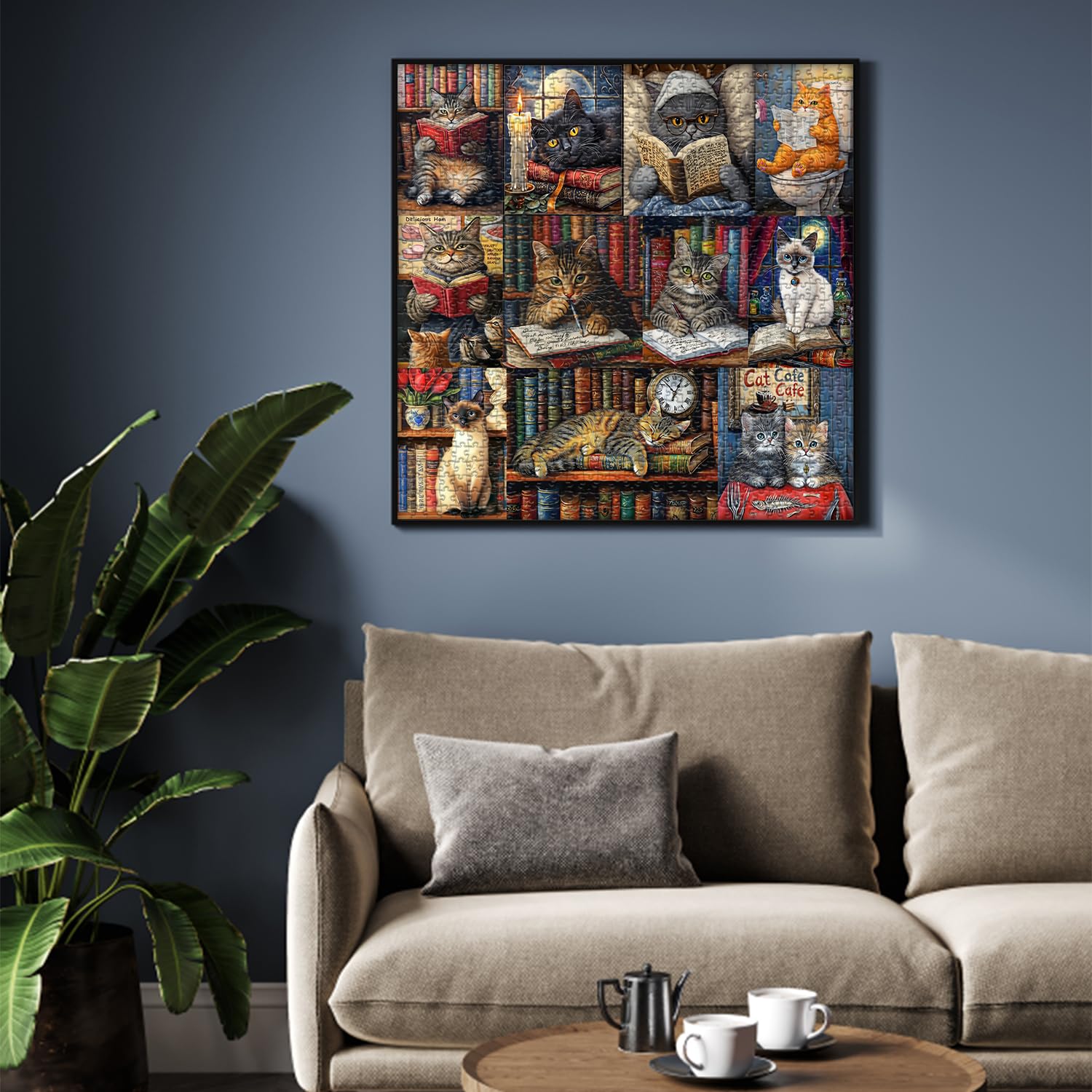 PICKFORU 1000-Piece Vintage Cat Library Jigsaw Puzzle for Adults – Retro Book Kitten Scene, 23.85 x 23.85 Inches