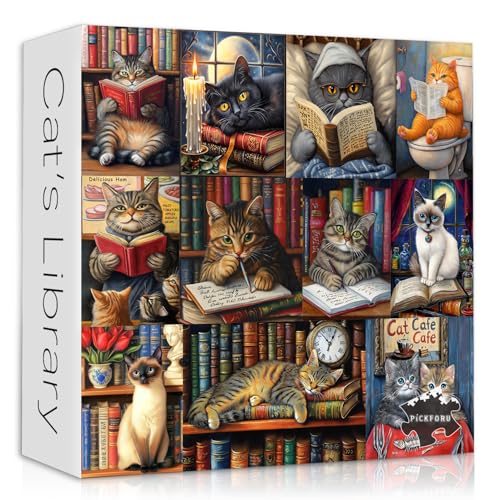 PICKFORU 1000-Piece Vintage Cat Library Jigsaw Puzzle for Adults – Retro Book Kitten Scene, 23.85 x 23.85 Inches