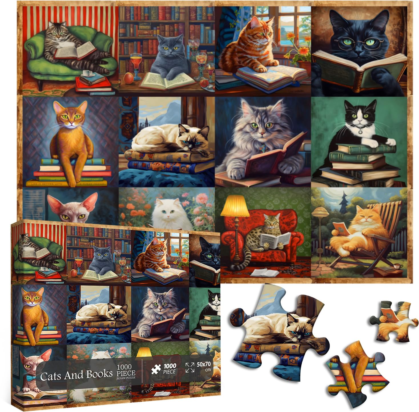 PICKFORU 1000-Piece Vintage Cat Puzzle – Retro Animal Jigsaw for Adults