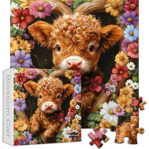 PICKFORU Blossom Calf Puzzle 1000 Pieces – Highland Cow Floral Jigsaw for Adults