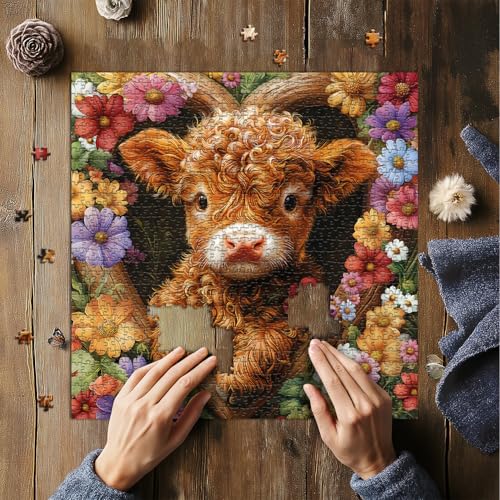 PICKFORU Blossom Calf Puzzle 1000 Pieces – Highland Cow Floral Jigsaw for Adults